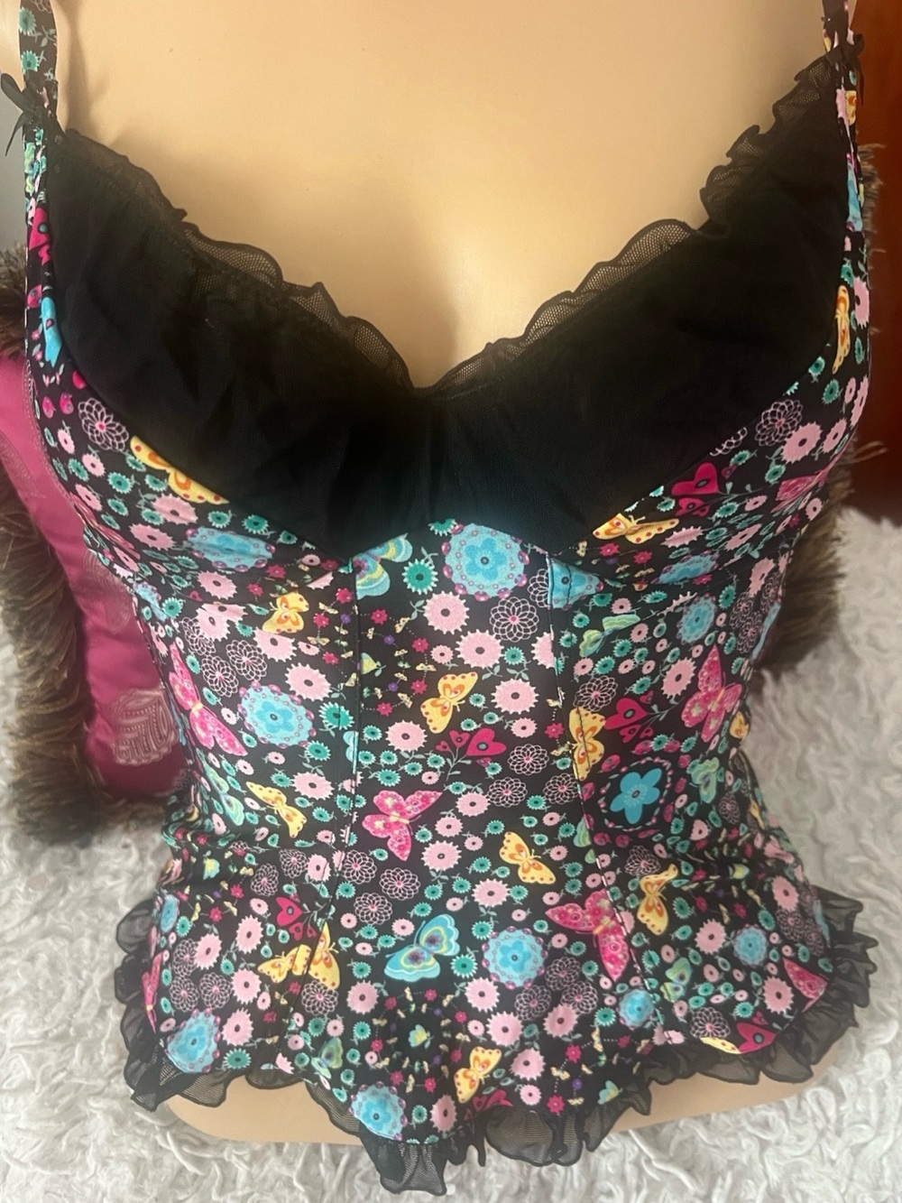 Victoria's Secret Women's Black and Pink Multi Color Corset W Ruffle Hem
